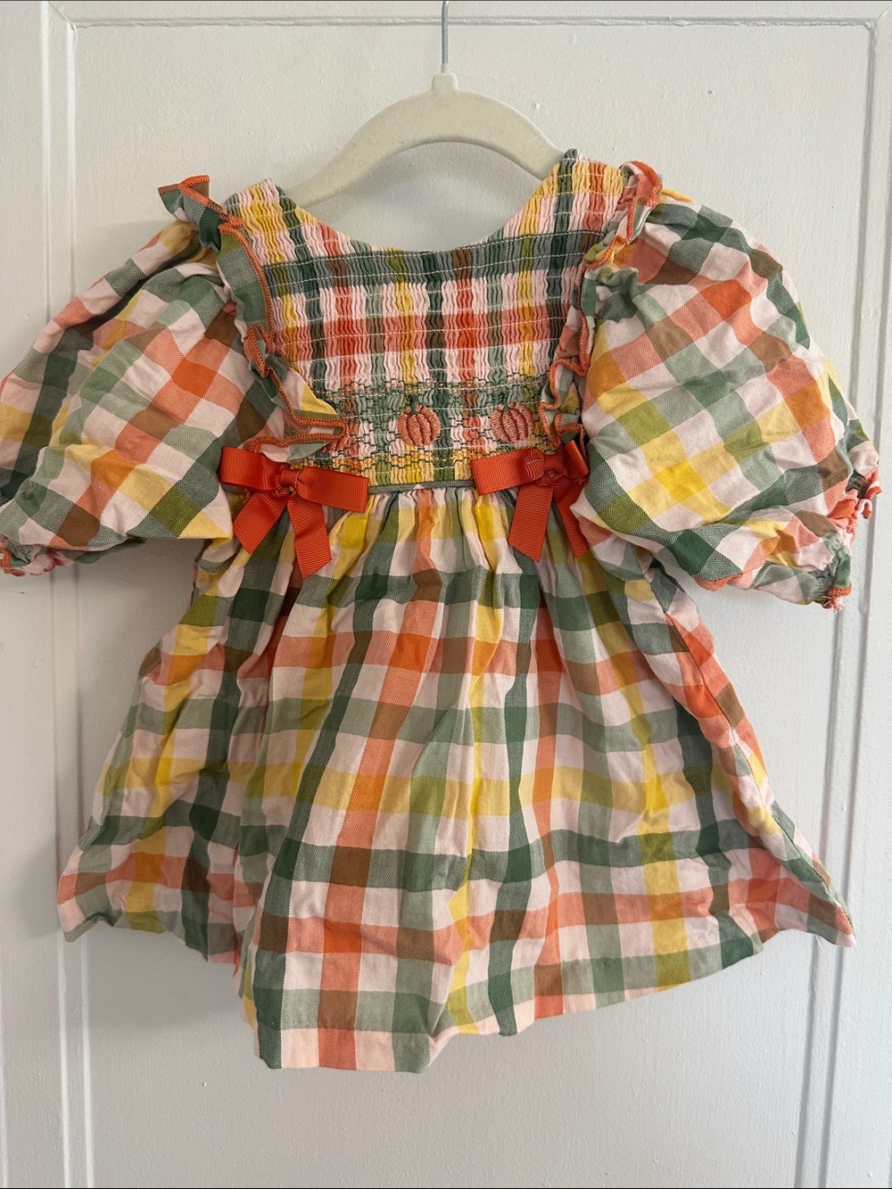 Plaid Puff-Sleeve Pumpkin Diaper Set in Orange, Green & Yellow